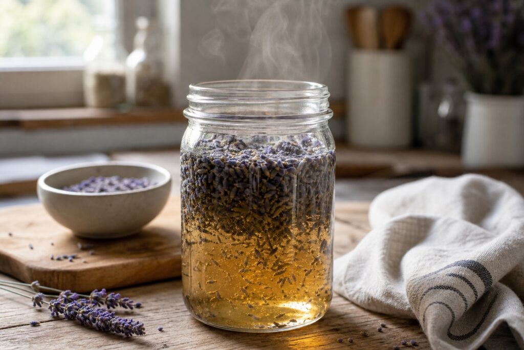 Lavender syrup steeping in a clear glass jar on a rustic kitchen counter, with fresh lavender buds visible in warm golden syrup, soft daylight shining through the glass, and a small bowl of dried lavender and a linen cloth nearby