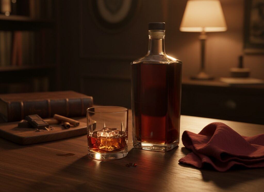 The "grown-up rum for a special occasion" image. Rich mahogany liquid, considered styling, dark moody background — visually distinct from the bright cocktail shots elsewhere on the site.