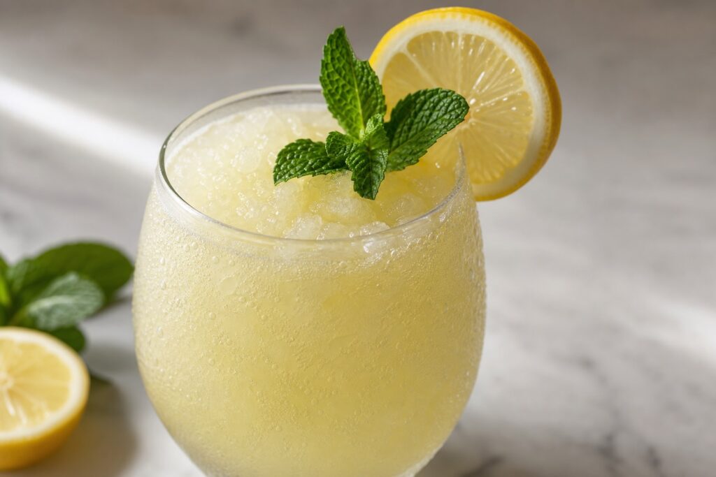A frozen vodka lemonade in a chilled glass sits on a simple table, garnished with a lemon wheel and fresh mint, with the icy drink in sharp focus against a clean, minimal background