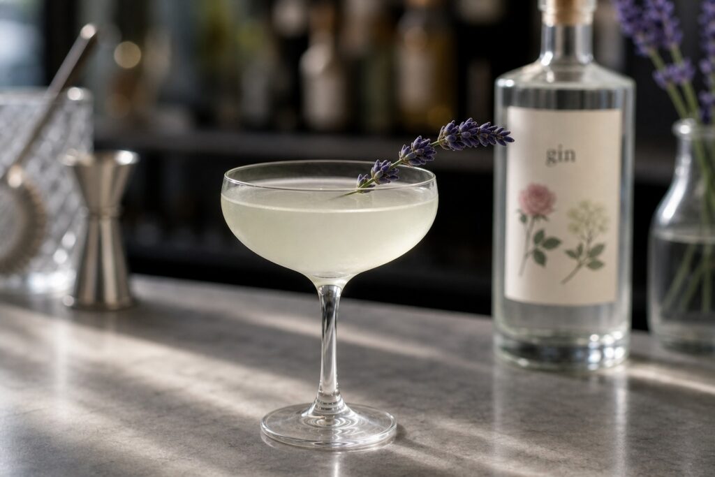A gin gimlet in a chilled coupe glass, garnished with a fresh lavender stem, with a softly blurred gin bottle in the background whose label shows a small illustrated rose and elderflower blossom.