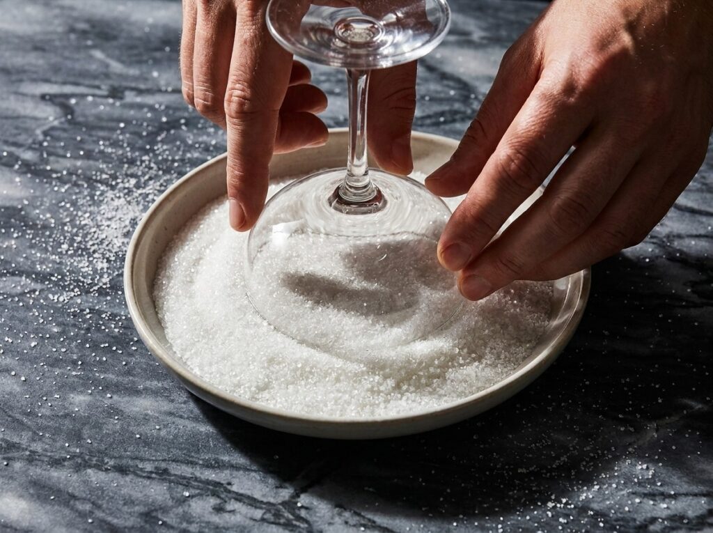 Close-up of hands pressing a coupe glass into a plate of white sugar to create an even sugar rim.