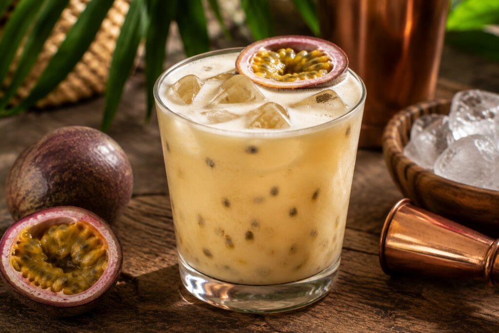 A creamy Batida de Maracujá cocktail served over ice in a rocks glass, topped with fresh passion fruit pulp and surrounded by whole and halved passion fruits on a rustic wooden table. 