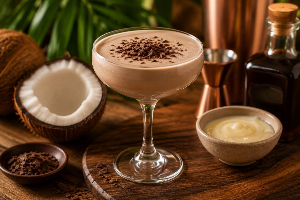 A creamy Brazilian Kiss cocktail served in a chilled coupe glass and topped with chocolate shavings. 
