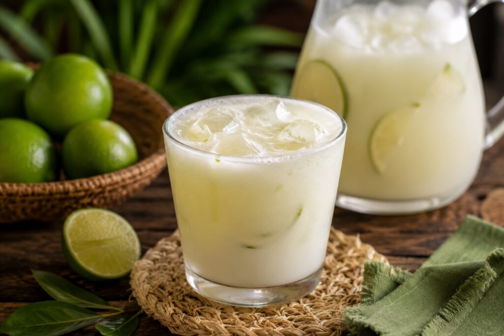 a view of brazilian lemonade in a glass, with a carafe and plenty of limes