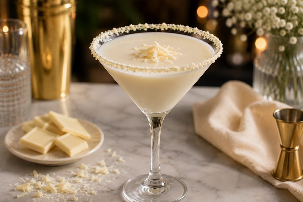 A White Chocolate Martini served in a chilled martini glass with a white chocolate–coated rim and white chocolate shavings on top. 