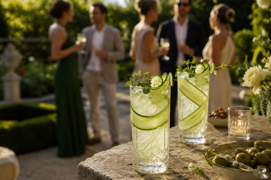 Two elegant cucumber cocktails garnished with cucumber ribbons and fresh herbs sit on a stone table in the foreground of a garden aperitivo gathering, while guests mingle in the background during golden hour with drinks and light bites.